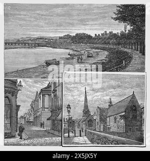 Szenen in Barnstaple in North Devon im späten 19. Jahrhundert. 1. Die Long Bridge vom South Walk. 2. Die Guildhall und die High Street. 3. Das Gymnasium und die Pfarrkirche. Schwarz-weiß-Illustration aus unserem eigenen Land Band III, veröffentlicht von Cassell, Petter, Galpin & Co. Im späten 19. Jahrhundert. Stockfoto