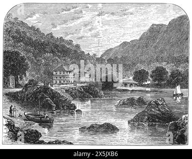 Das berühmte Eccles Hotel in Glengarriff, West Cork, Irland, wie es Ende des 19. Jahrhunderts erschien. Vor 1890 hieß das Hotel 'Bantry Bay Hotel' und 'Glengarrif Hotel', als sein Name in 'Eccles Hotel' geändert wurde, als Thomas Eccles das Anwesen kaufte. Schwarz-weiß-Illustration aus unserem eigenen Land Band III, veröffentlicht von Cassell, Petter, Galpin & Co. Im späten 19. Jahrhundert. Stockfoto