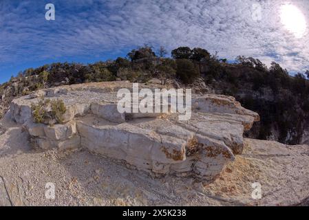 Blicken Sie von einer Felsenplattform direkt unter den Klippen des Grand Canyon, Arizona, USA und North Ameri auf den Blick zurück auf die Great Mohave Wall Stockfoto