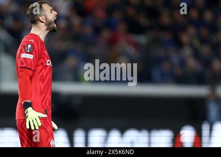 Bergamo, Italien. Mai 2024. Pau Lopez von Olympique de Marseille im Halbfinale der UEFA Europa League im zweiten Legspiel zwischen Atalanta BC und Olympique de Marseille am 9. Mai 2024 in Bergamo, Italien. Quelle: Marco Canoniero/Alamy Live News Stockfoto