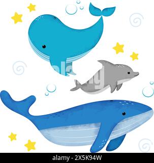 Set von Karikaturen, Meerestieren. Stock Vektor