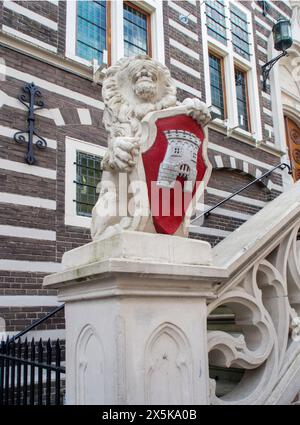 Architektonisches Detail eines Löwen am Alkmaar Rathaus (Stadhuis) aus dem frühen 16. Jahrhundert, erbaut im gotischen Stil in der Langestraat, Zentrum von Alkmaar, Niederlande. Stockfoto