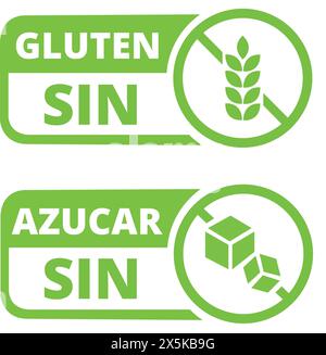 SIN azucar y sin Gluten Zeichen auf weißem Hintergrund (trad. Glutenfrei und zuckerfrei) Stock Vektor