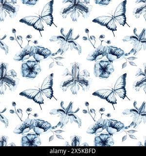 Einfarbiges, nahtloses Blumenmuster mit Schmetterlingen. Blaue Indigo-Iris-Blüten mit Kirschblüten. Handgezeichnete Aquarellillustration isoliert Stockfoto