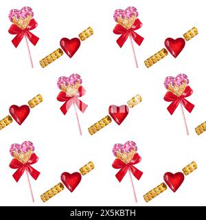 Nahtloses Aquarellmuster. Handgezeichnetes Design. Aquarellillustration, Teignüsse und Waffelröhrchen mit Cremeherzen. Stockfoto