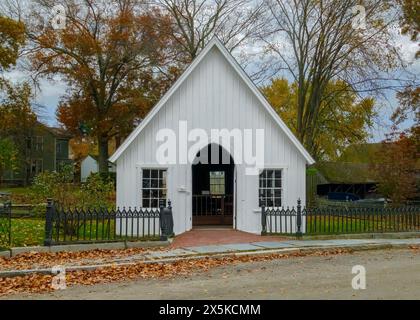 Mystic Seaport, südliches Ende von Mystic Seaport, Nachbildung des Brant Point Lighthouse in Massachusetts. Stockfoto