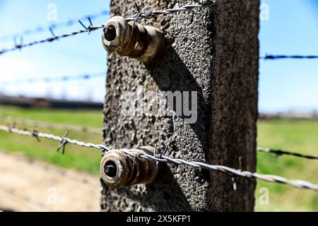 Polen, Oswiecim, Auschwitz-Birkenau. WWll, Stacheldraht um das Konzentrationslager und die Kasernen. Stockfoto