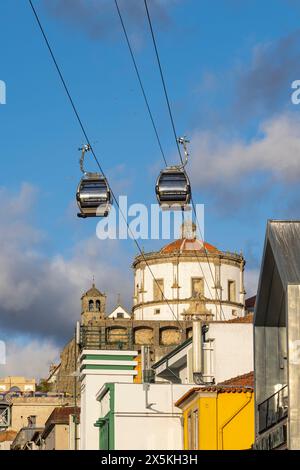 Portugal, Porto, Vila Nova de Gaia. Die runde Kirche des Klosters Serra do Pilar und die Gaia-Seilbahn. Stockfoto