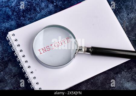 Insight-Konzept. VERRÄT Wort durch eine Lupe in einem Notizbuch auf einem wunderschönen blauen heterogenen Hintergrund Stockfoto