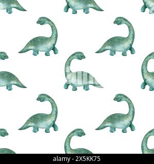 Nahtloses Muster mit handgezeichneten Dinosauriern und Sternen im skandinavischen Stil. Grüne Dinosaurier auf weißem Hintergrund. Kreative Aquarellmode Stockfoto