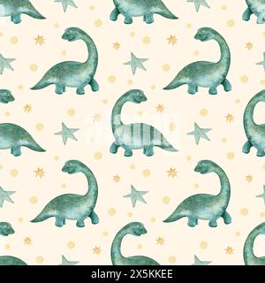 Nahtloses Muster mit handgezeichneten Dinosauriern und Sternen im skandinavischen Stil. Grüne Dinosaurier und Sterne auf beigefarbenem Hintergrund. Kreatives Aquarell Stockfoto