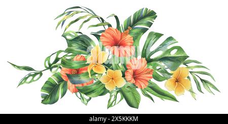 Tropische Palmenblätter, Monstera und Blumen von Plumeria, Hibiskus, hell saftig. Handgezeichnete botanische Illustration mit Aquarell. Zusammensetzung isoliert Stockfoto