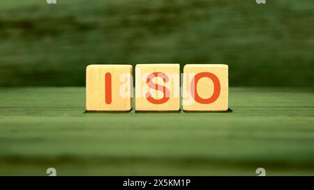 ISO-Konzept. Qualitätsmanagementsysteme. ISO-TEXT auf Holzwürfeln auf grünem gesättigtem Hintergrund GESCHRIEBEN Stockfoto