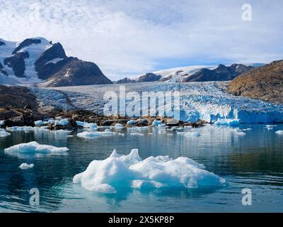 Hahn-Gletscher. Landschaft im Johan Petersen Fjord, einem Zweig des Sermilik Eisefjords, Ammassalik Region, Grönland, dänisches Territorium. Stockfoto