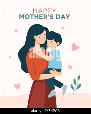 Flache Vektor-Illustration von Mutter, die ihren Sohn mit Text hält. Muttertagskonzept. Mutter und Sohn. Mutter umarmt ihren Sohn. Vektorabbildung. Stock Vektor