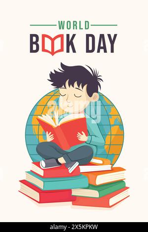 Welt Buch Tag flach Vektor Illustration. Ein Junge, der Buch liest, eine Kugel steckt hinter dem Jungen. Bucheinband, Poster, Bannerdesign. Stock Vektor