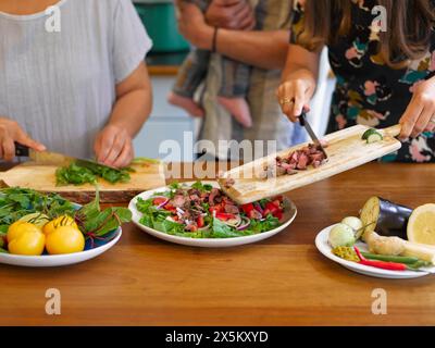 Nahaufnahme der Familie, die Essen in der Küche zubereitete Stockfoto