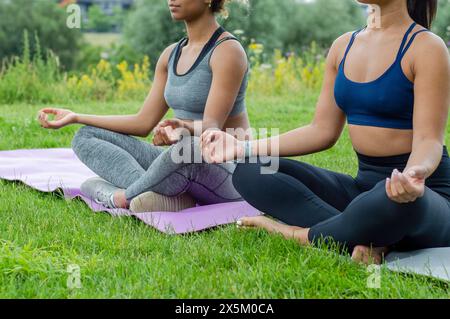 Frauen, die auf Gras meditieren Stockfoto
