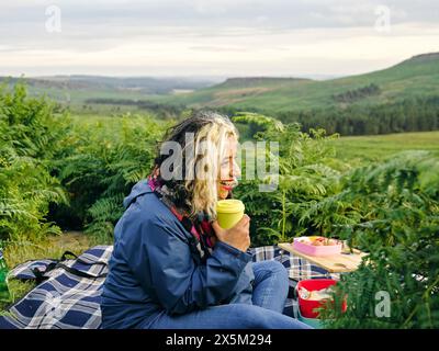 Lächelnde Frau beim Picknick auf dem Land Stockfoto