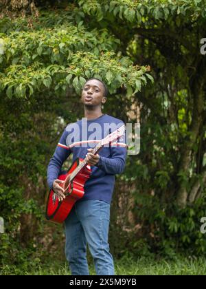 Junger Mann Gitarre spielen im Park Stockfoto