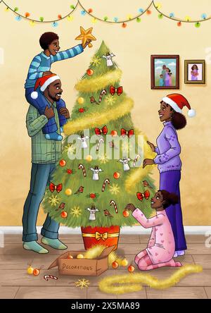 Familie, die den Weihnachtsbaum dekoriert, Illustration Stockfoto