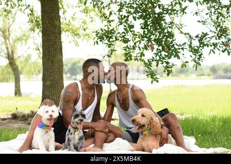 USA, Louisiana, Schwulenpaar mit Hunden, die sich auf dem Rasen im Park küssen Stockfoto