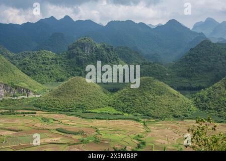 Blick auf die Twin Mountains und Kalkstein Karstplateau vom Quan Ba Heaven Gate, Tam Son, Ha Giang, Vietnam Stockfoto