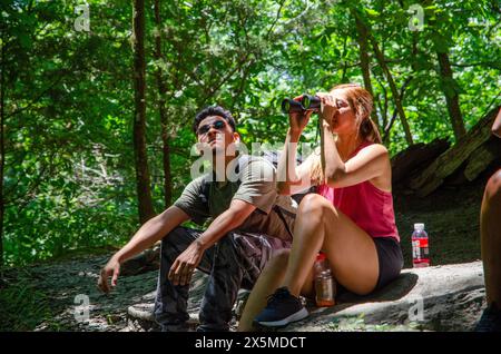 Junge Wanderer, die im Wald durch ein Fernglas schauen Stockfoto