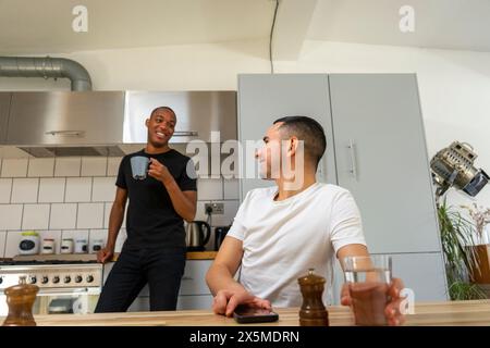 Großbritannien, London, lächelndes schwules Paar in der Küche Stockfoto