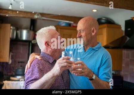 Älteres männliches Paar, das Toast weckt Stockfoto