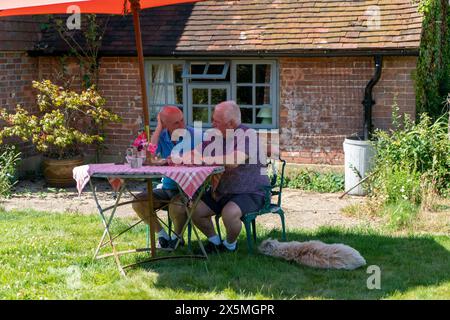 Älteres männliches Paar, das im Garten relaxt Stockfoto