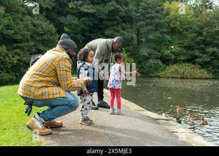 Zwei Männer mit Töchtern, die Enten auf dem Teich im Park anschauen Stockfoto