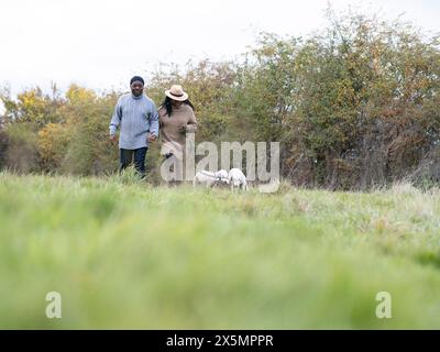 Ein Paar, das mit Hunden auf der Wiese läuft Stockfoto