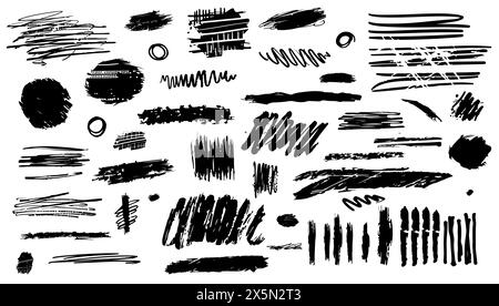 Grunge krabbelt, Holzkohle kritzelt schwarz Set. Abstraktes Design und Markierstift mit Doodle. Sammlung von Formskizzen und grafischen Marken. Streifen und te unterstreichen Stock Vektor