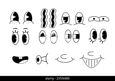 Y2K-Ästhetik, Retro-Cartoon-Maskottchen-Charaktere lustige Gesichter. Alte animierte Augen- und Münderelemente. Vintage-Comic-Smile für Logo-Vektor-Set. Smiley c Stock Vektor