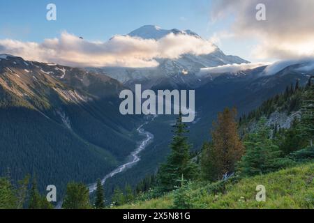 Mount Rainier und White River Valley vom Silver Forest Trail aus gesehen. Mount Rainier National Park Stockfoto