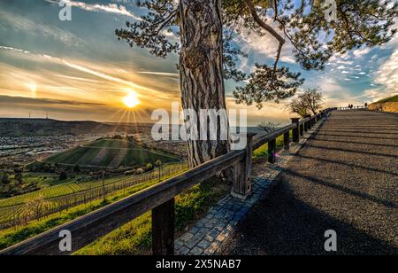 Panoramablick auf Stuttgart am Württemberg, Straße zur Grabkapelle bei Sonnenuntergang, lange Schatten Stockfoto