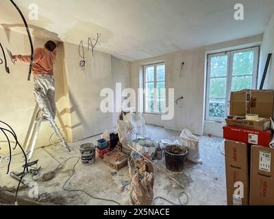 Paris, Frankreich, Weitwinkelansicht, innen, Renovierungsprojekt einer kleinen Wohnung, Baustelle Wohungsbau Frankreich Stockfoto