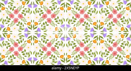 Nahtloses Motiv mit Blumenelementen. Botanisch inspiriertes wiederkehrendes Design mit Flieder-, Orange- und weißen Blüten, rosa Kirschblüten und verschiedenen Blättern. Stock Vektor