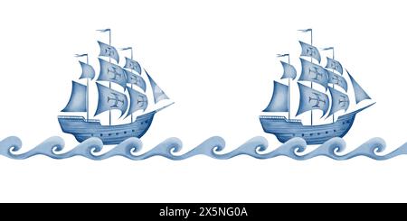 Ein altes Segelschiff auf stilisierten Wellen, nahtloser Rand, einfache Silhouette in Blau und weiß. Illustration im Aquarellstil zum Drucken Stockfoto