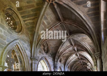 Atmoshperische Aufnahmen der Kreuzgänge der Kathedrale von Evora (Sé de Evora) Details, Evora, Portugal bei diffuser Beleuchtung am Morgen Stockfoto