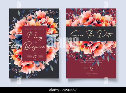 Hochzeitseinladung mit Blumenmotiv, Einladung zum Speichern der Datumskarte mit roten und marineblauen Blumen und goldener Kalligraphie. Vektorvorlage Stock Vektor
