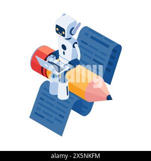 Flacher 3D Isometrischer Ai Roboter sitzt auf Bleistift und schreibe Artikel. KI Powered Writing Assistant Konzept Stock Vektor