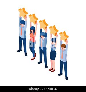 Flache 3D Isometrische Leute geben fünf Sterne. Kundenfeedback und fünf-Sterne-Bewertungskonzept. Stock Vektor
