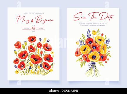 Aquarelle Hochzeitseinladung mit Mohnblumen Stock Vektor