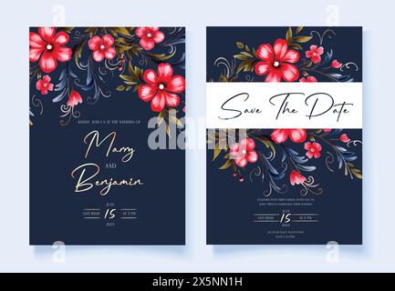 Hochzeitseinladung mit Blumenmotiv, Einladung zum Speichern der Datumskarte mit roten und marineblauen Blumen und goldener Kalligraphie. Vektorvorlage Stock Vektor