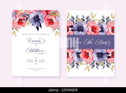 Hochzeitseinladung mit Blumenmotiv, Einladung zum Speichern der Datumskarte mit roten und marineblauen Blumen und goldener Kalligraphie. Vektorvorlage Stock Vektor