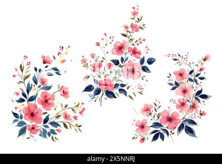 Set mit Blumenzweig. Blume, rosa Rose, grüne Blätter. Hochzeitskonzept mit Blumen. Blumenposter, einladen. Vektoranordnungen für Grußkarten oder Stock Vektor