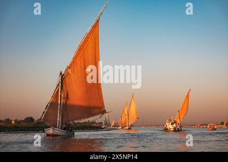 Segelboote sonnen sich im goldenen Sonnenuntergangslicht auf dem Nil in der Nähe von Luxor, Ägypten Stockfoto