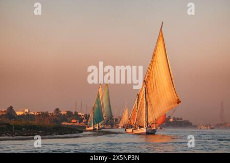 Segelboote sonnen sich im goldenen Sonnenuntergangslicht auf dem Nil in der Nähe von Luxor, Ägypten Stockfoto